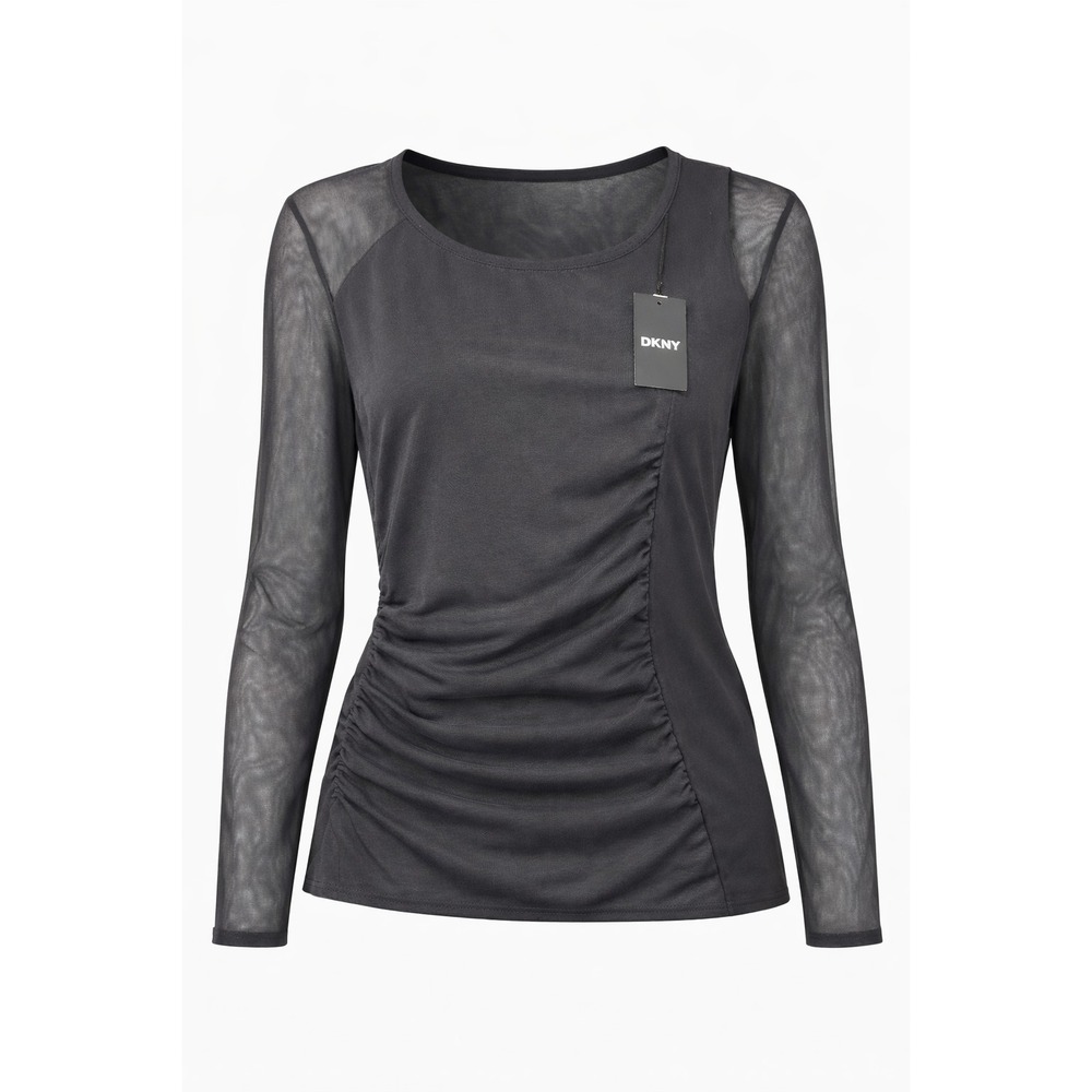 DKNY Womens Blouse XL Black Sheer Mesh Overlay Minimalist Night Out Chic